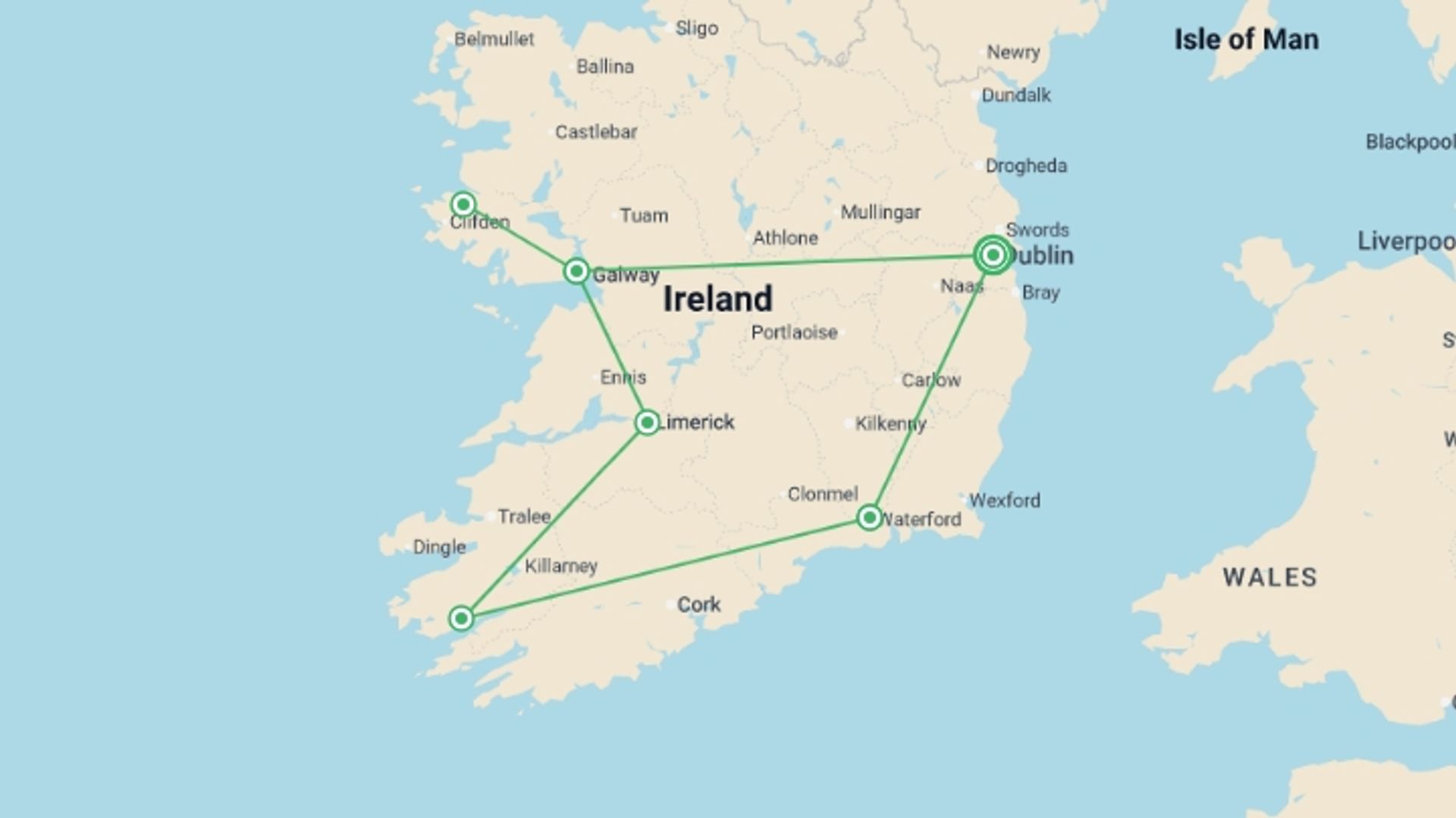 A map showing the tour itinerary for the trip: Best of Ireland, starting in Dublin, Ireland and ending in Dublin, Ireland going through 5 other destinations.