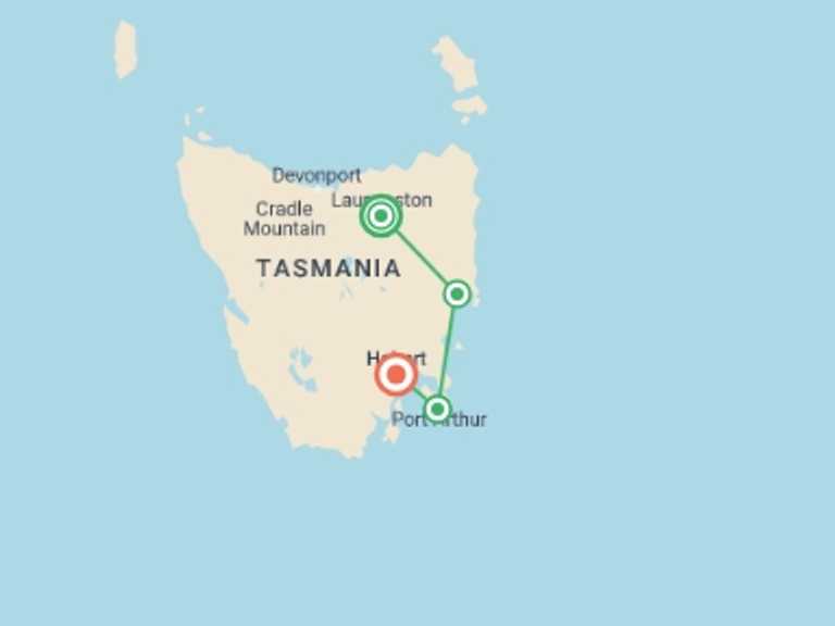 Map itinerary of Oceania Tour in March 2027 with 4 destination visits for the trip: Walk Tasmania’s Capes, Freycinet & Maria Island