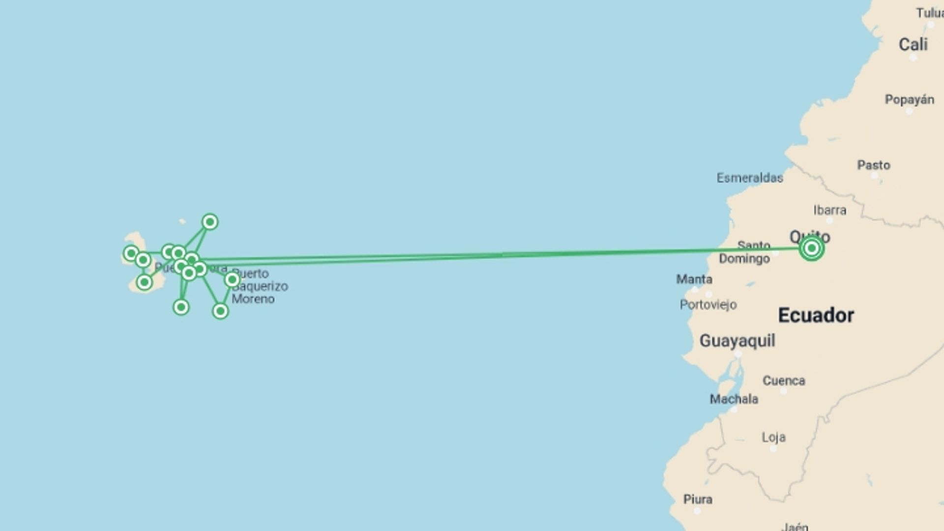 A map showing the tour itinerary for the trip: Complete Galápagos - Yolita, starting in Quito, Ecuador and ending in Quito, Ecuador going through 13 other destinations.