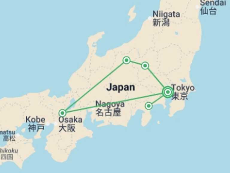 Map of 8-Day Tokyo Tour with 5 destination visits for the trip: Tokyo, Kyoto, Alps and Fuji