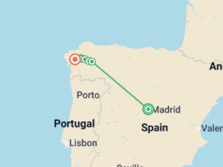 Map of Europe Countryside and village visits Tour with 8 destination visits for the trip: Camino de Santiago Encompassed
