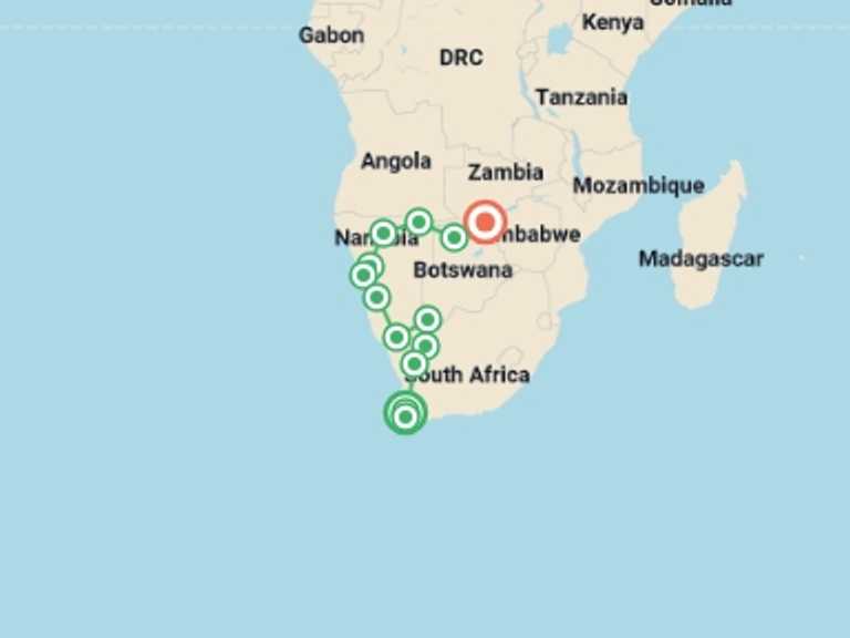 Map of 20-Day Cape Town Tour with 13 destination visits for the trip: Southern Africa Cape to Falls - 20 days  