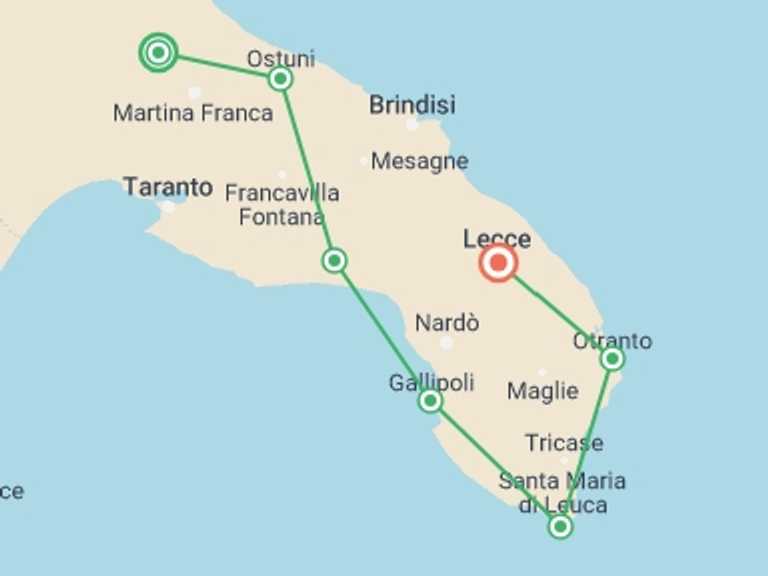 Map of a Bicycle Tour with 7 destination visits for the trip: Cycling the Heel of Italy - Alberobello to Lecce