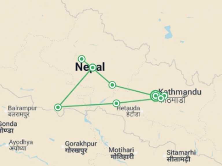 Map itinerary of Nepal Tour in Winter with 8 destination visits for the trip: Essential Nepal Adventure - 13 days