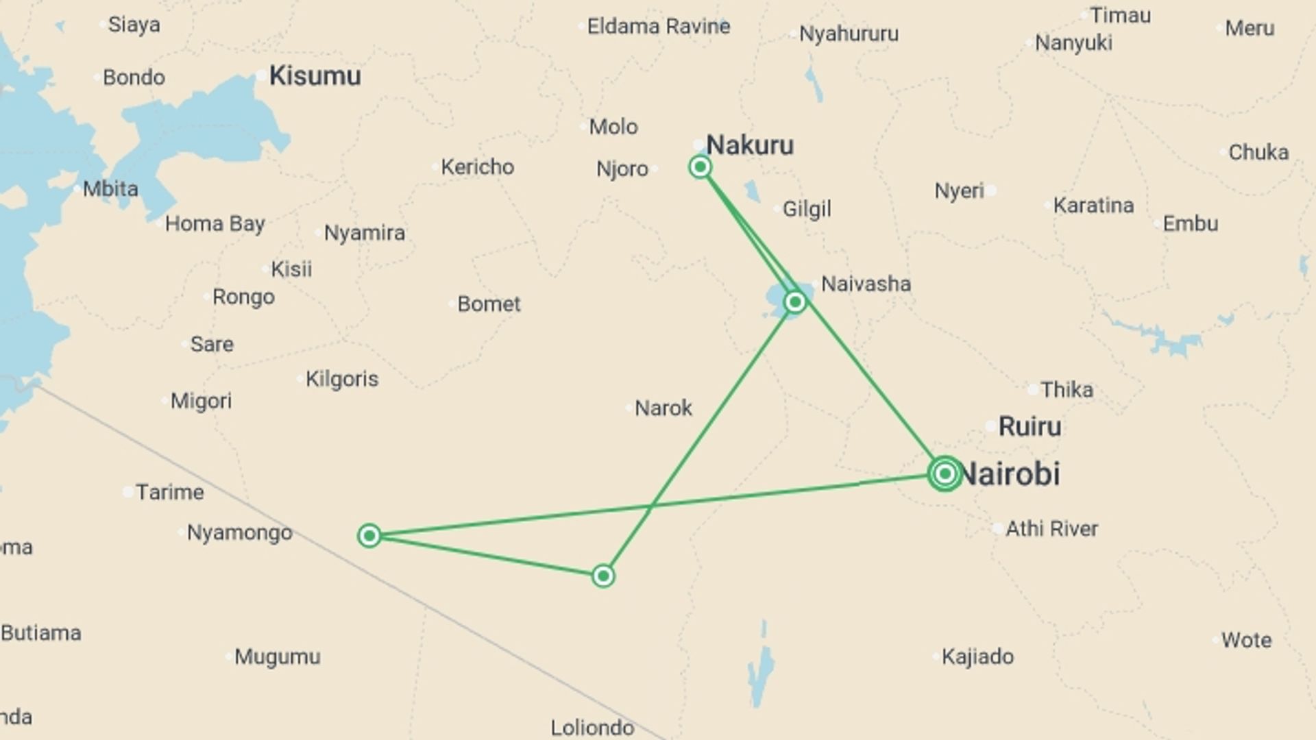 A map showing the tour itinerary for the trip: Kenya Wildlife Safari, starting in Nairobi, Kenya and ending in Nairobi, Kenya going through 4 other destinations.
