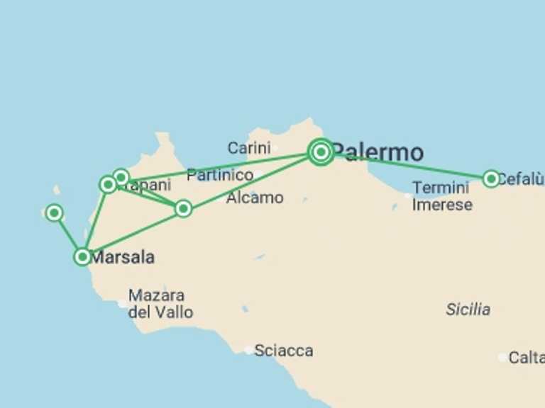Map itinerary of Europe Tour in Spring with 3 destination visits for the trip: Sicily Discovery: 7 Days From Palermo To Trapani And Marsala, Self-drive