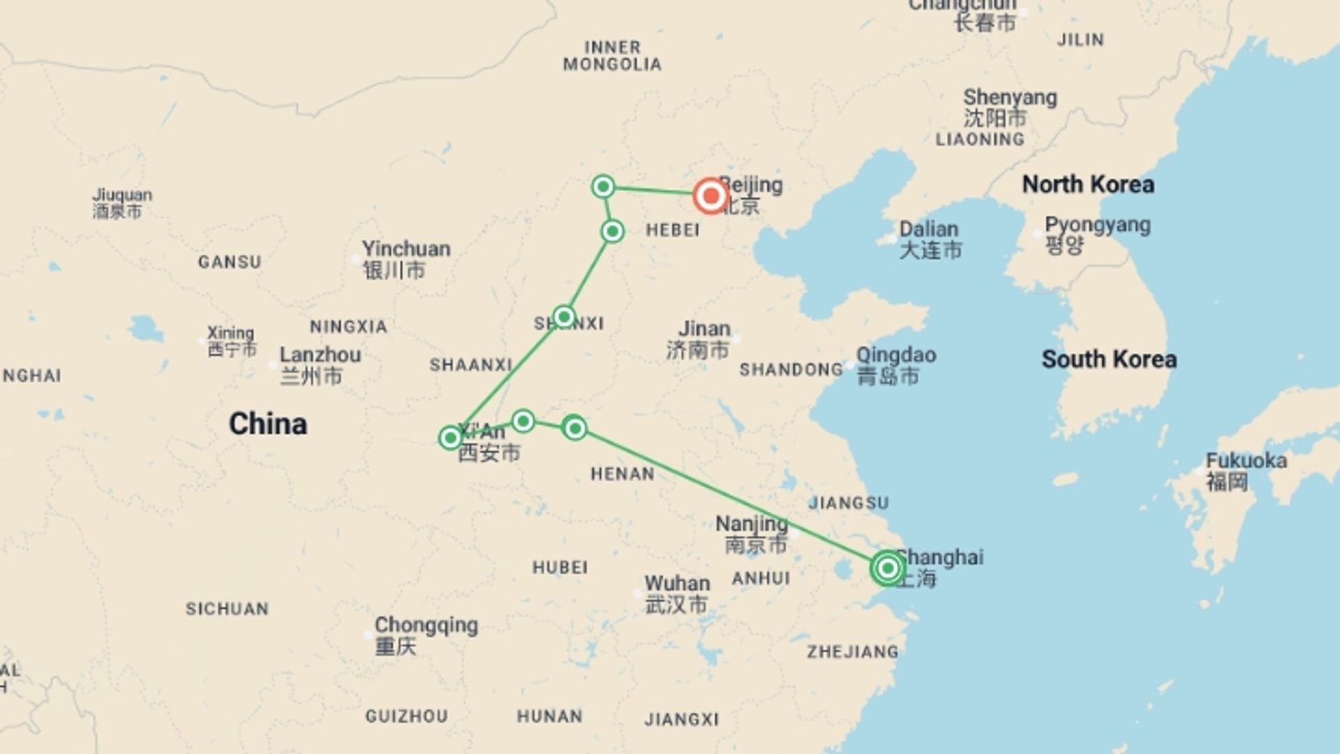 A map showing the tour itinerary for the trip: Classical China, starting in Shanghai, China and ending in Beijing, China going through 5 other destinations.