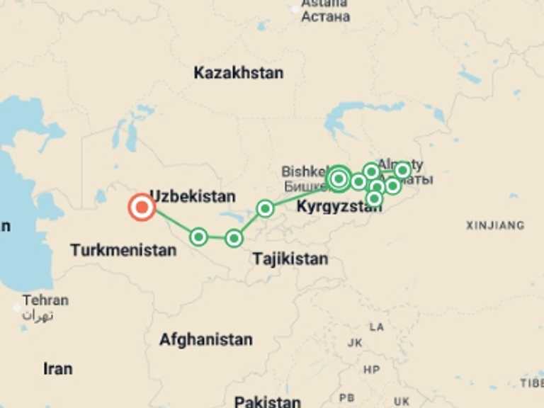 Map of a Cultural, religious and historic sites Tour with 13 destination visits for the trip: The Silk Road