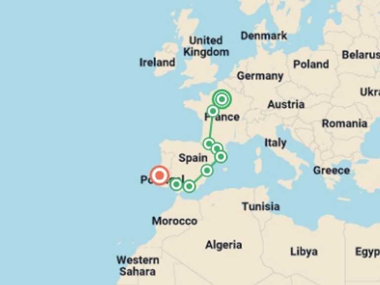 Map of Europe Walking Tour with 9 destination visits for the trip: France, Spain and Portugal