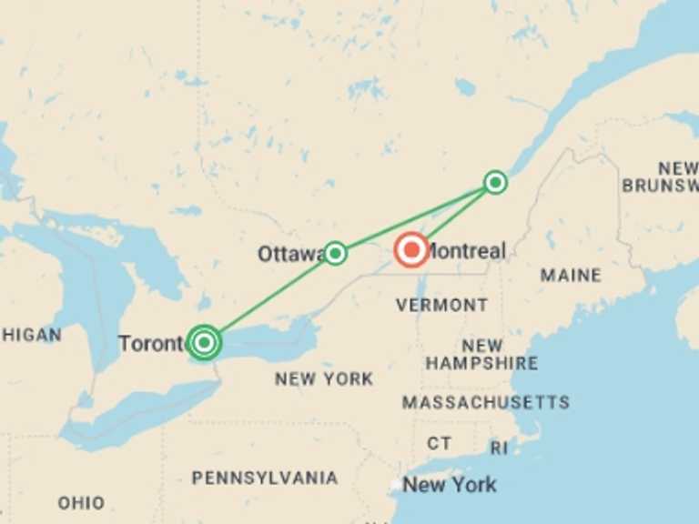 Map of a Waterfalls Tour with 5 destination visits for the trip: Best of Eastern Canadian Cities featuring Niagara Falls, Ottawa, Quebec City & Montreal