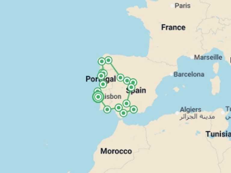 Map of 13-Day Madrid Tour with 8 destination visits for the trip: Portugal & Spain From Lisbon - 13 days
