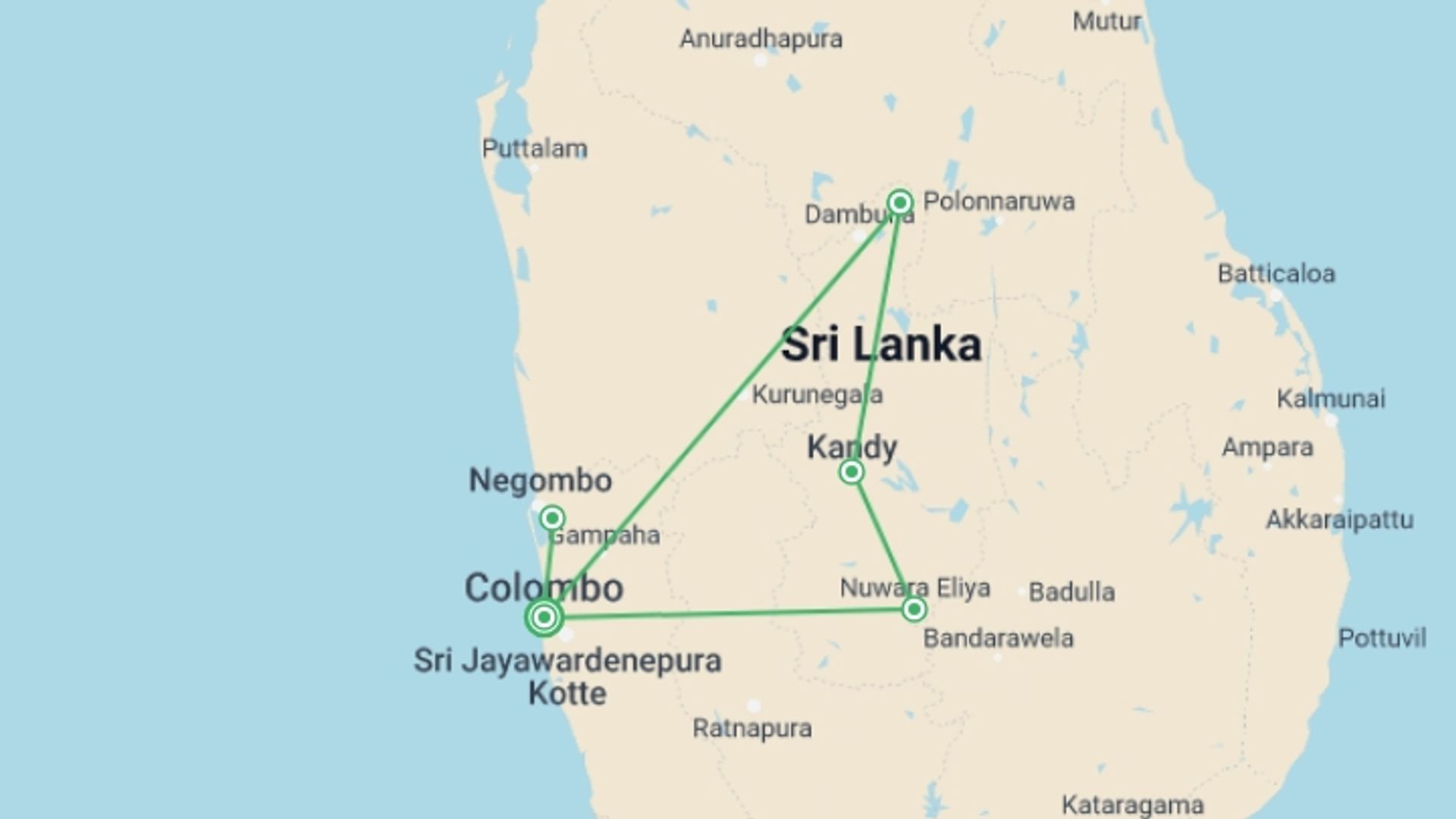 A map showing the tour itinerary for the trip: Sri Lanka Heritage Private Tour: 6 Days, starting in Colombo, Sri Lanka and ending in Colombo, Sri Lanka going through 5 other destinations.