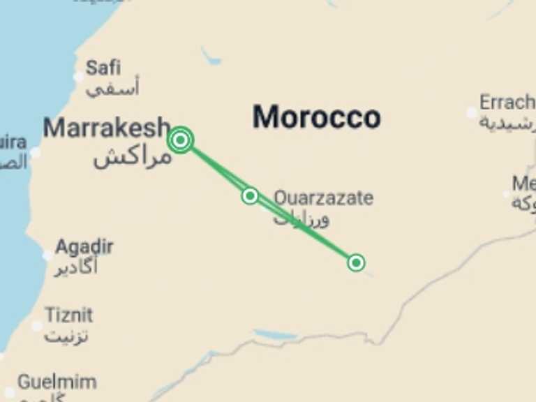 Map of 5-Day Marrakech Tour with 2 destination visits for the trip: Marrakech City & Desert Adventure 5D/4N
