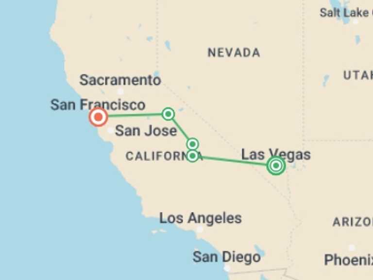 Map of 8-Day San Francisco Tour with 5 destination visits for the trip: Hiking Sequoia, Kings Canyon, and Yosemite