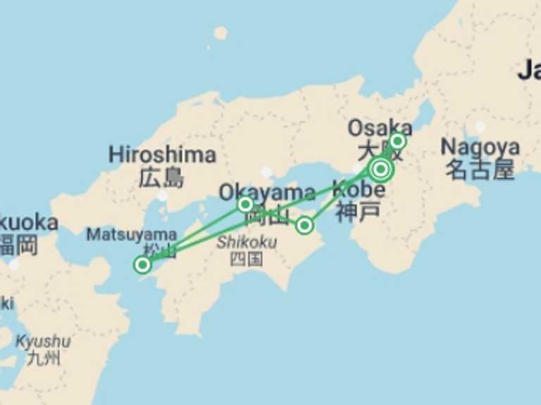 Map itinerary of Osaka Tour in October 2026 with 5 destination visits for the trip: Shikoku Pilgrimage Trail
