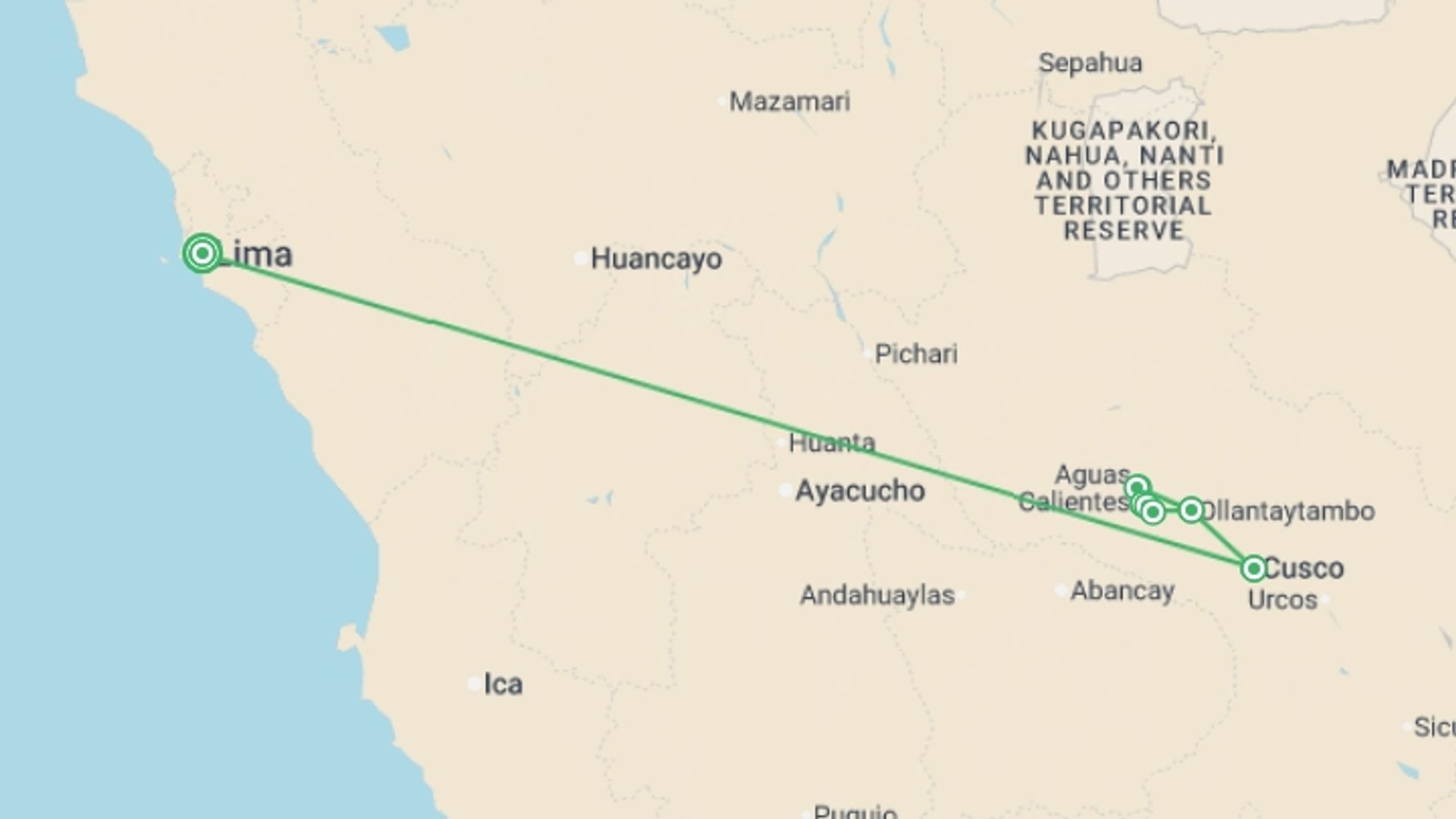 A map showing the tour itinerary for the trip: Inca Trail Trek Experience 9D/8N (Lima to Lima), starting in Lima, Peru and ending in Lima, Peru going through 4 other destinations.