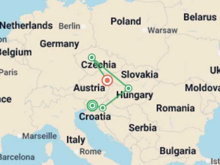 Map itinerary of Balkans Tour in Spring with 5 destination visits for the trip: Imperial Circle: A Small Group Journey Through the Heart of Europe