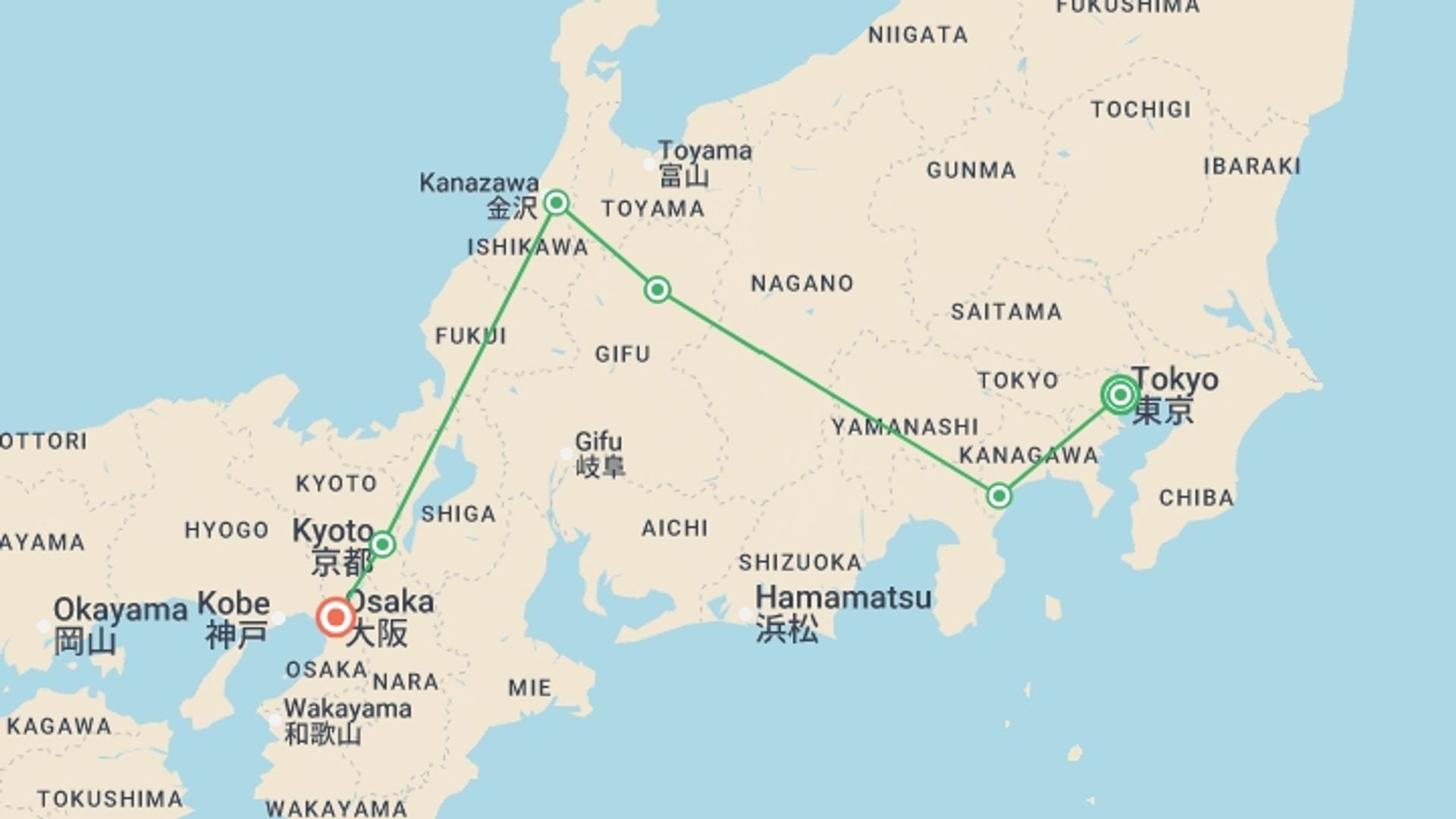 A map showing the tour itinerary for the trip: Tokyo, Takayama & Osaka - 11 days, starting in Tokyo, Japan and ending in Osaka, Japan going through 4 other destinations.