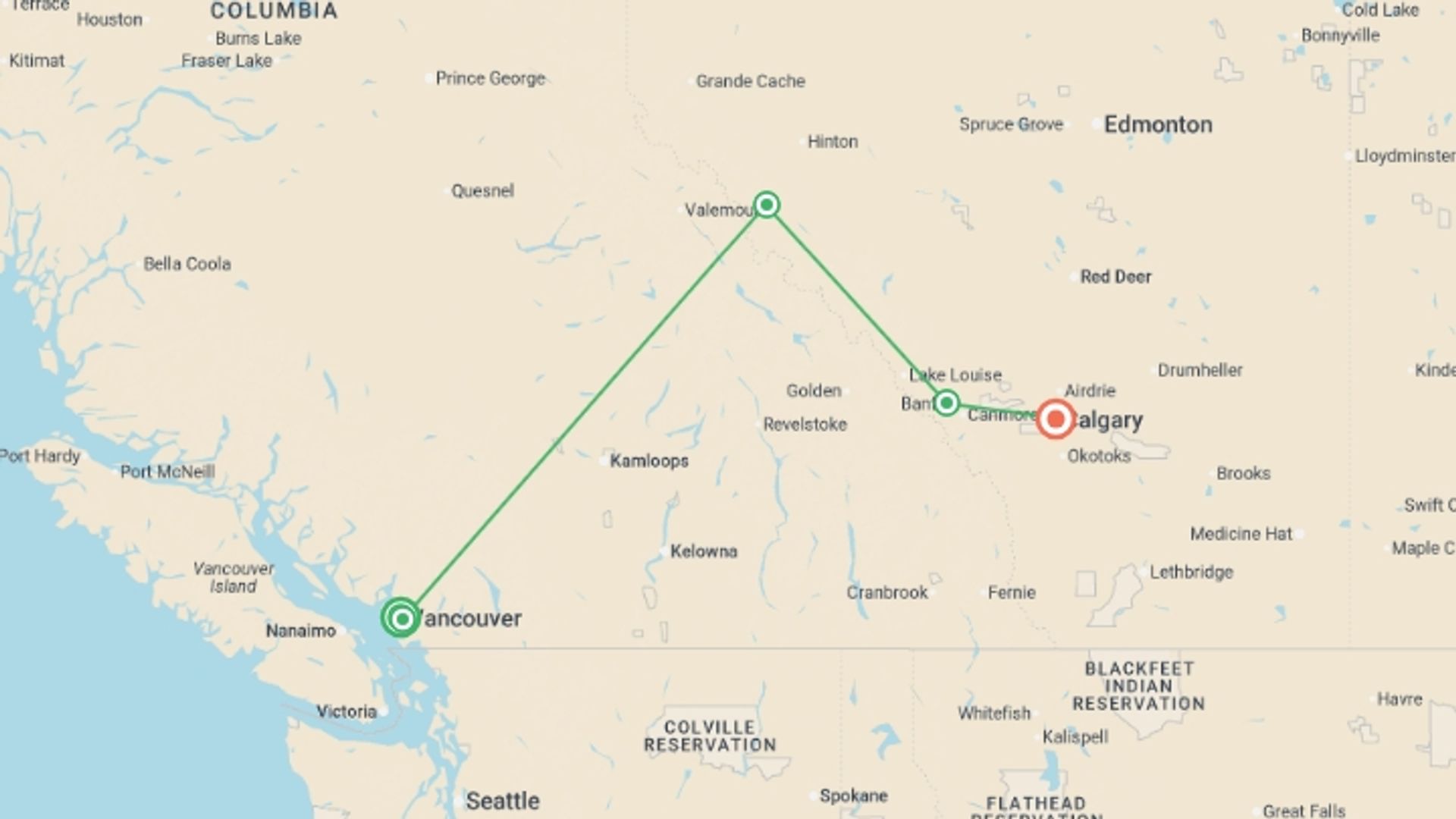 A map showing the tour itinerary for the trip: Canadian Rockies by Train, starting in Vancouver, Canada and ending in Calgary, Canada going through 3 other destinations.