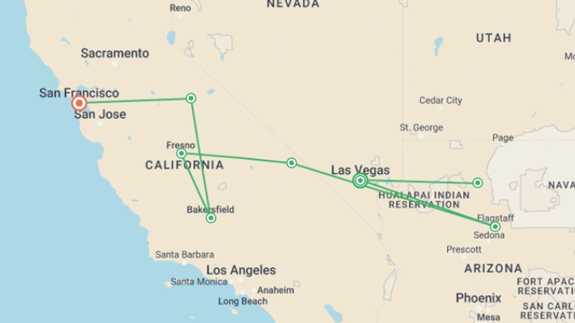 A map showing the tour itinerary for the trip: Great Cities of the West, Ending in San Francisco, starting in Las Vegas, USA and ending in San Francisco, USA going through 5 other destinations.