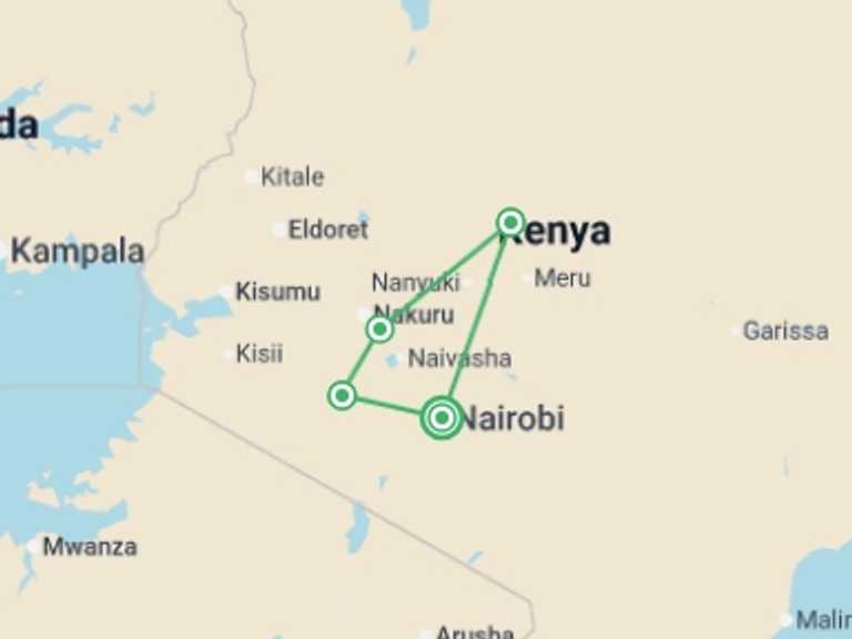 Map itinerary of East Africa Tour in August 2026 with 5 destination visits for the trip: Kenya Up Close (superior) - 8 days