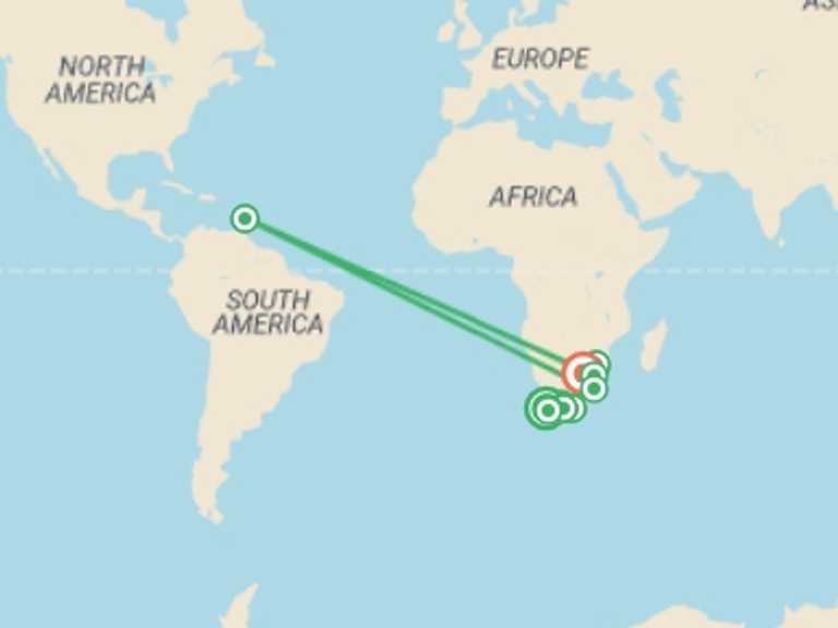 Map itinerary of Africa Tour in Fall with 10 destination visits for the trip: Sea, Safari, South Africa 35 to 45