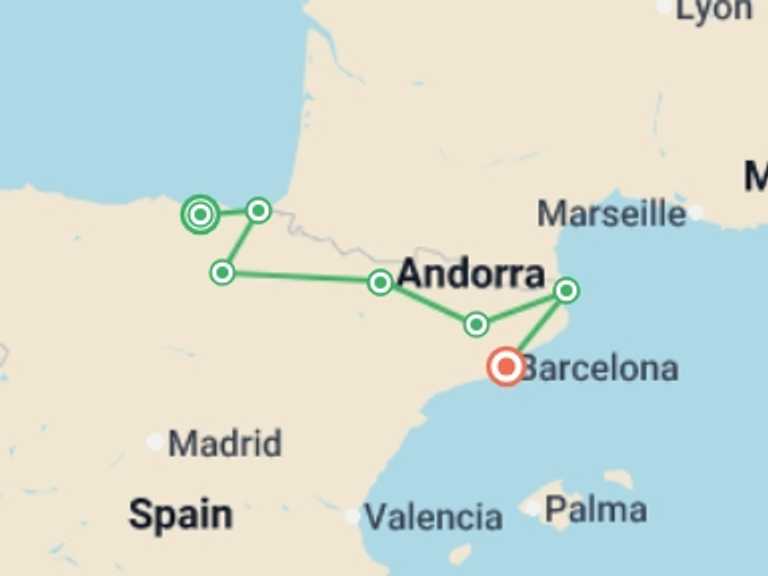 Map itinerary of Spain Tour in July 2026 with 7 destination visits for the trip: Highlights of Northern Spain