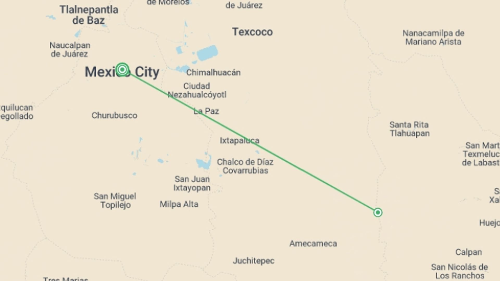 A map showing the tour itinerary for the trip: Iztaccíhuatl Volcano hike 2D/1N (from Mexico City), starting in Mexico City, Mexico and ending in Mexico City, Mexico going through 1 other destinations.