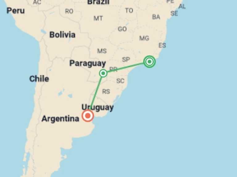Map of South America Tour with 4 destination visits for the trip: Rio de Janeiro to Buenos Aires (Superior) - 9 days