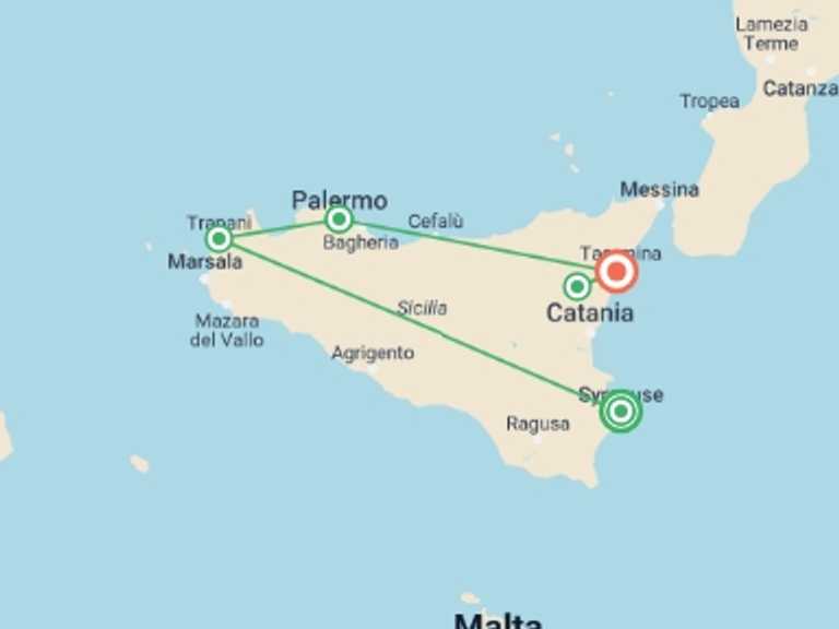 Map of Syracuse Cultural, religious and historic sites Tour with 7 destination visits for the trip: Classical Sicily