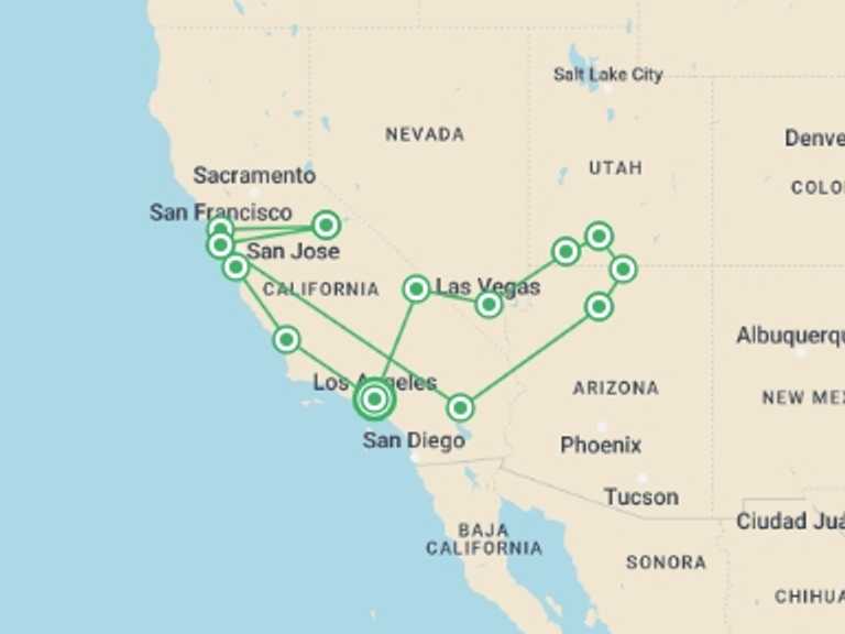 Map of a Road Tour with 12 destination visits for the trip: USA Road Trip — California & the Southwest