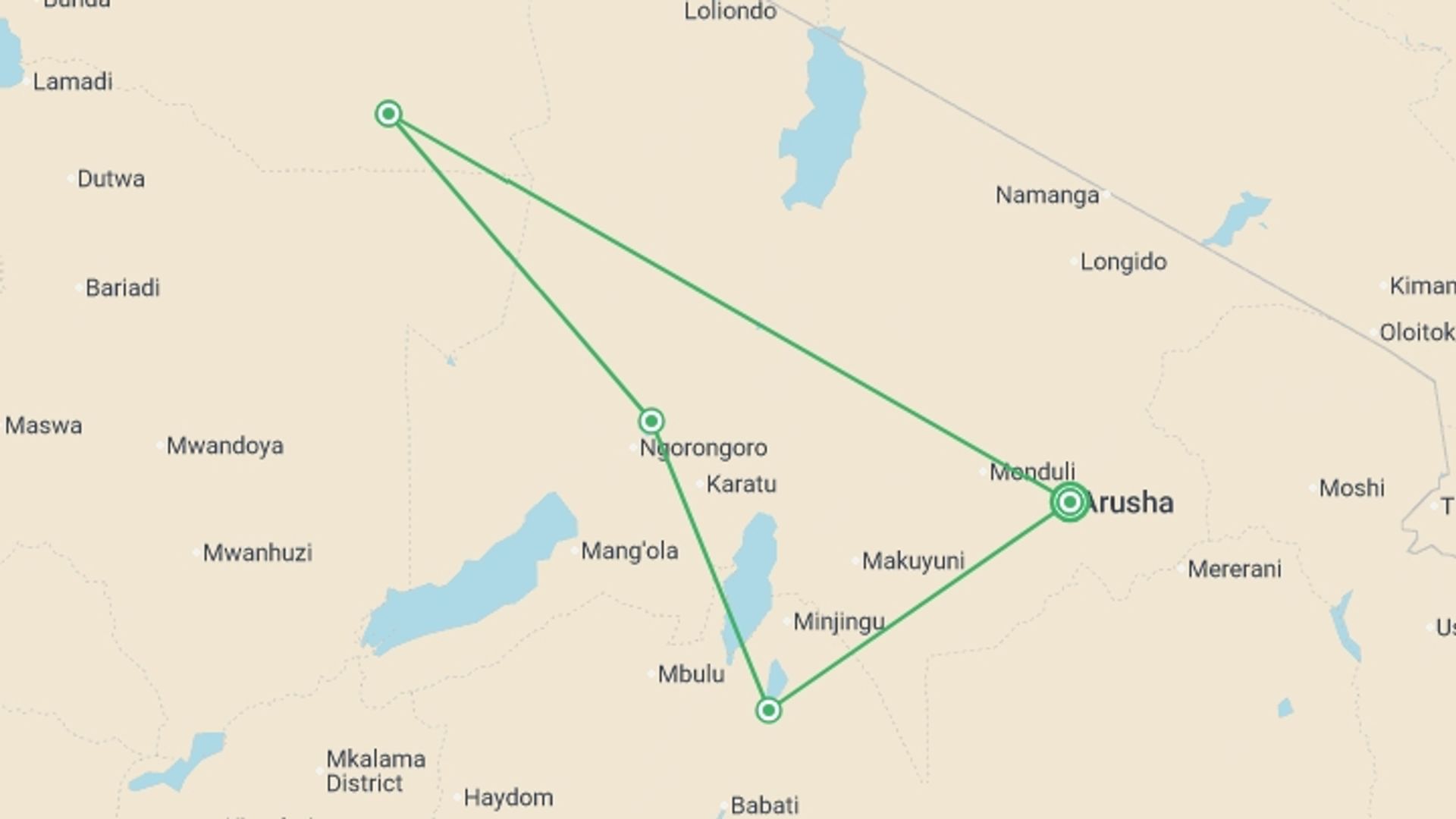 A map showing the tour itinerary for the trip: Serengeti Explorer, starting in Arusha, Tanzania and ending in Arusha, Tanzania going through 3 other destinations.