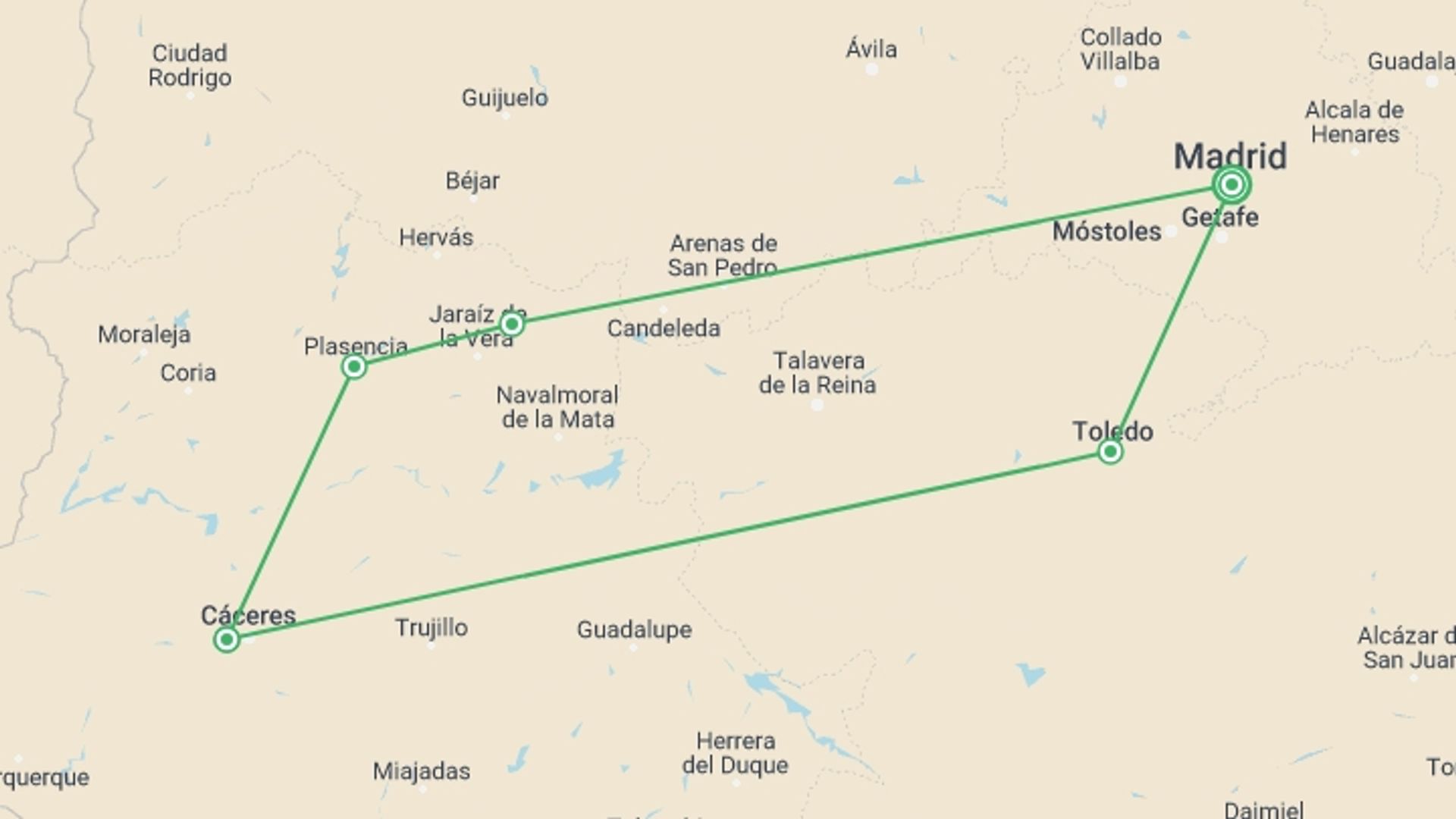 A map showing the tour itinerary for the trip: Classical Extremadura, Self-drive, starting in Madrid, Spain and ending in Madrid, Spain going through 3 other destinations.