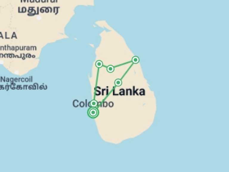 Map of Sri Lanka Tour with 3 destination visits for the trip: Wild, Pristine Sri Lanka And Its Heritage