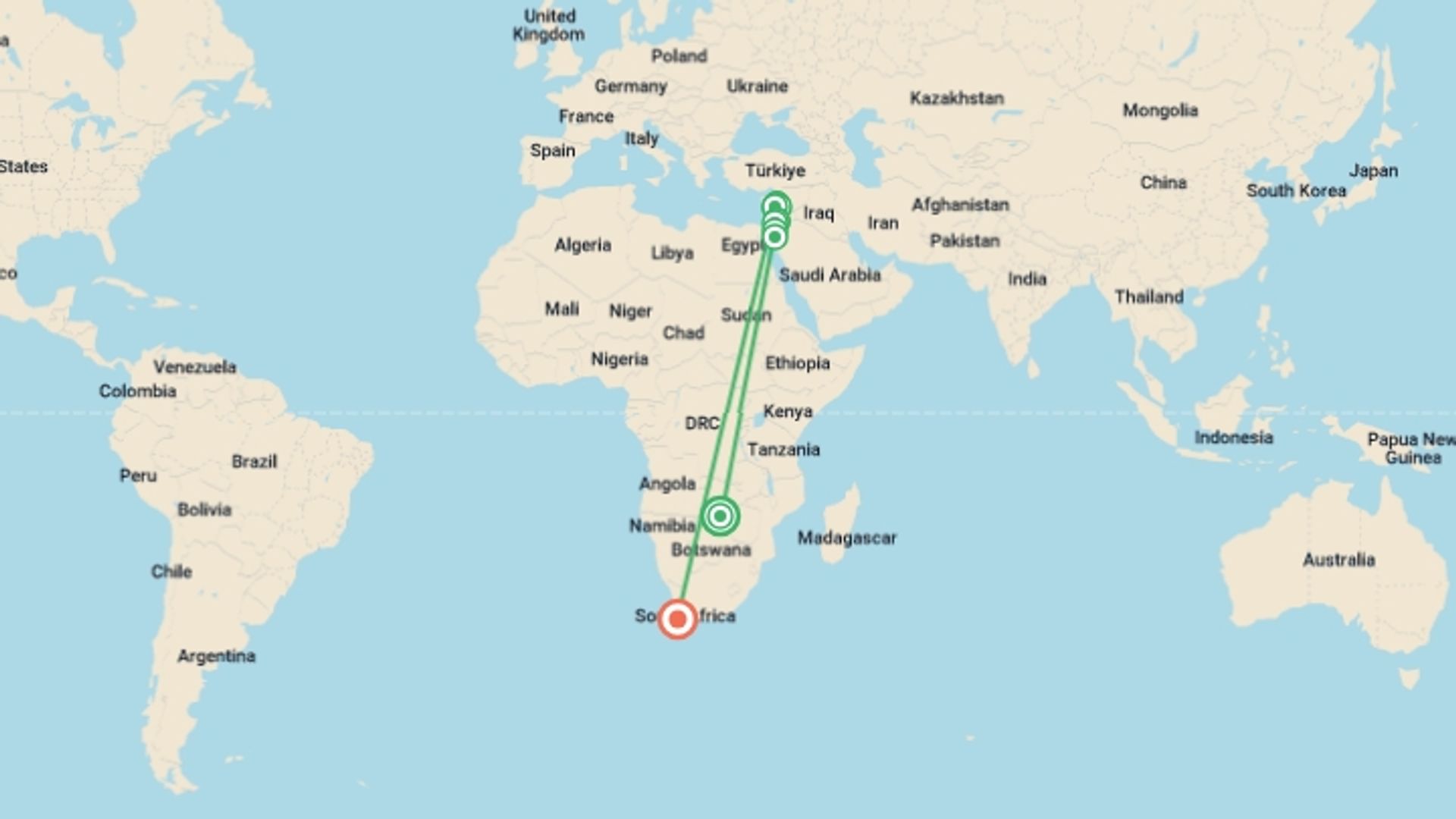 A map showing the tour itinerary for the trip: Jordan & Lebanon Express, starting in Victoria Falls, Zimbabwe and ending in Cape Town, South Africa going through 8 other destinations.