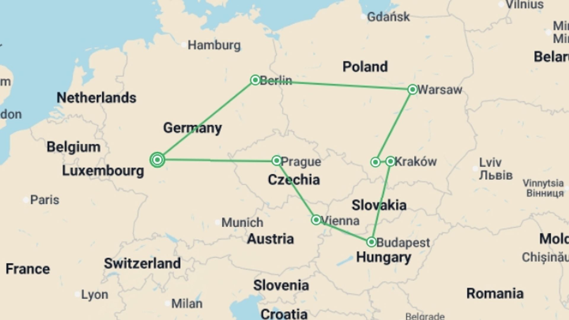 A map showing the tour itinerary for the trip: Highlights of Bohemia, starting in Frankfurt, Germany and ending in Frankfurt, Germany going through 6 other destinations.