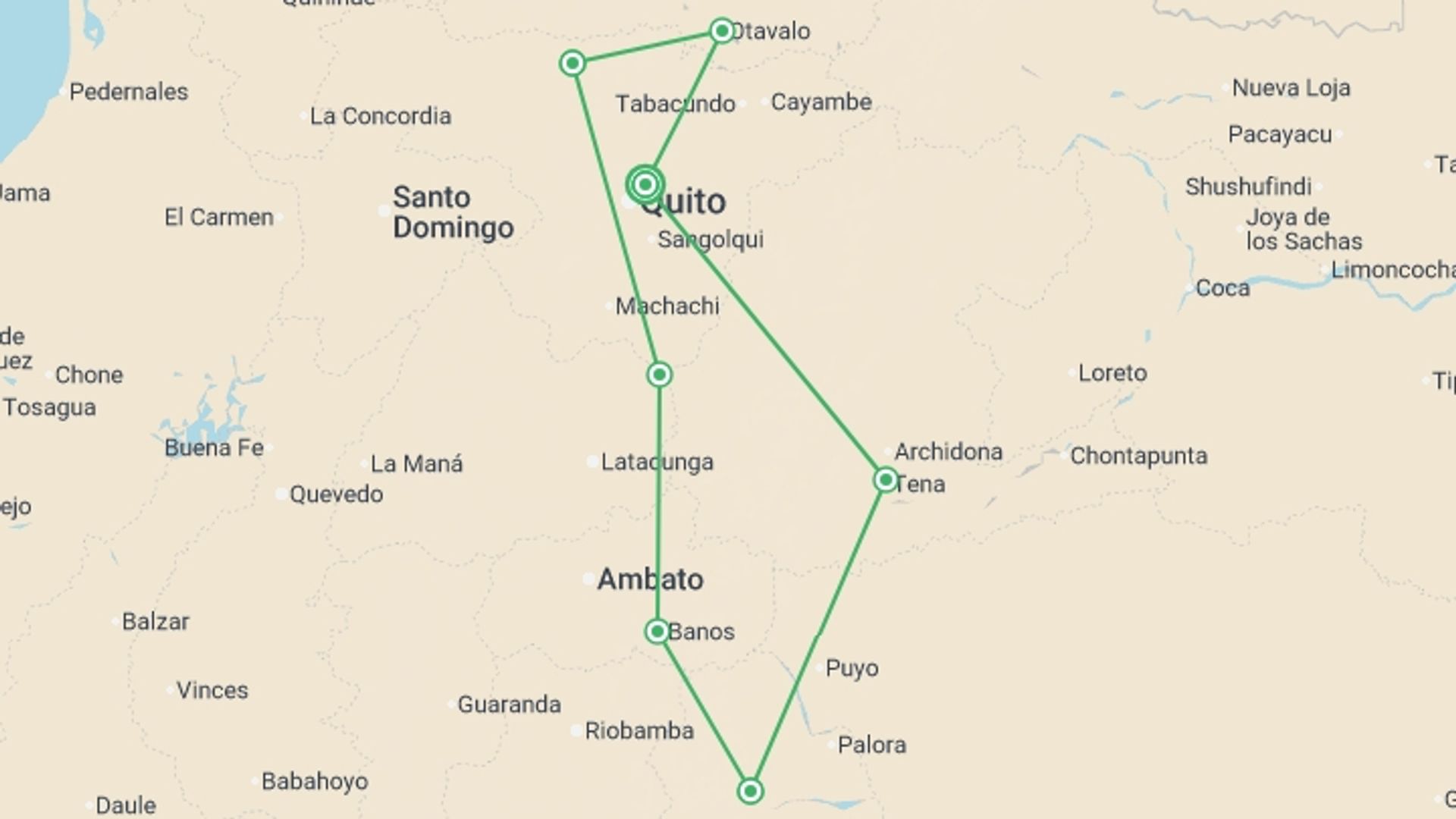A map showing the tour itinerary for the trip: Ecuador Highlands, starting in Quito, Ecuador and ending in Quito, Ecuador going through 4 other destinations.