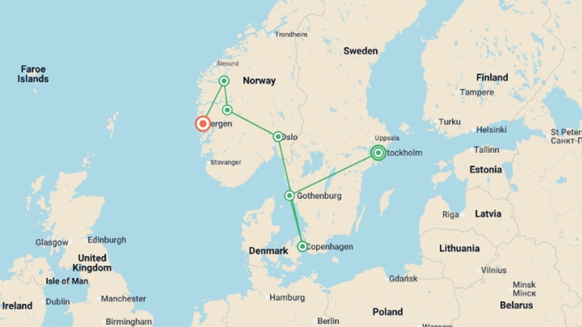 A map showing the tour itinerary for the trip: Spectacular Scandinavia, starting in Stockholm, Sweden and ending in Bergen, Norway going through 5 other destinations.