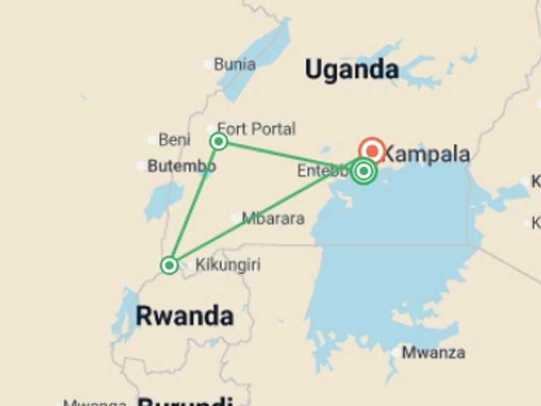 Map of Uganda Tour with 4 destination visits for the trip: Gorillas & Chimps Safari 7D/6N
