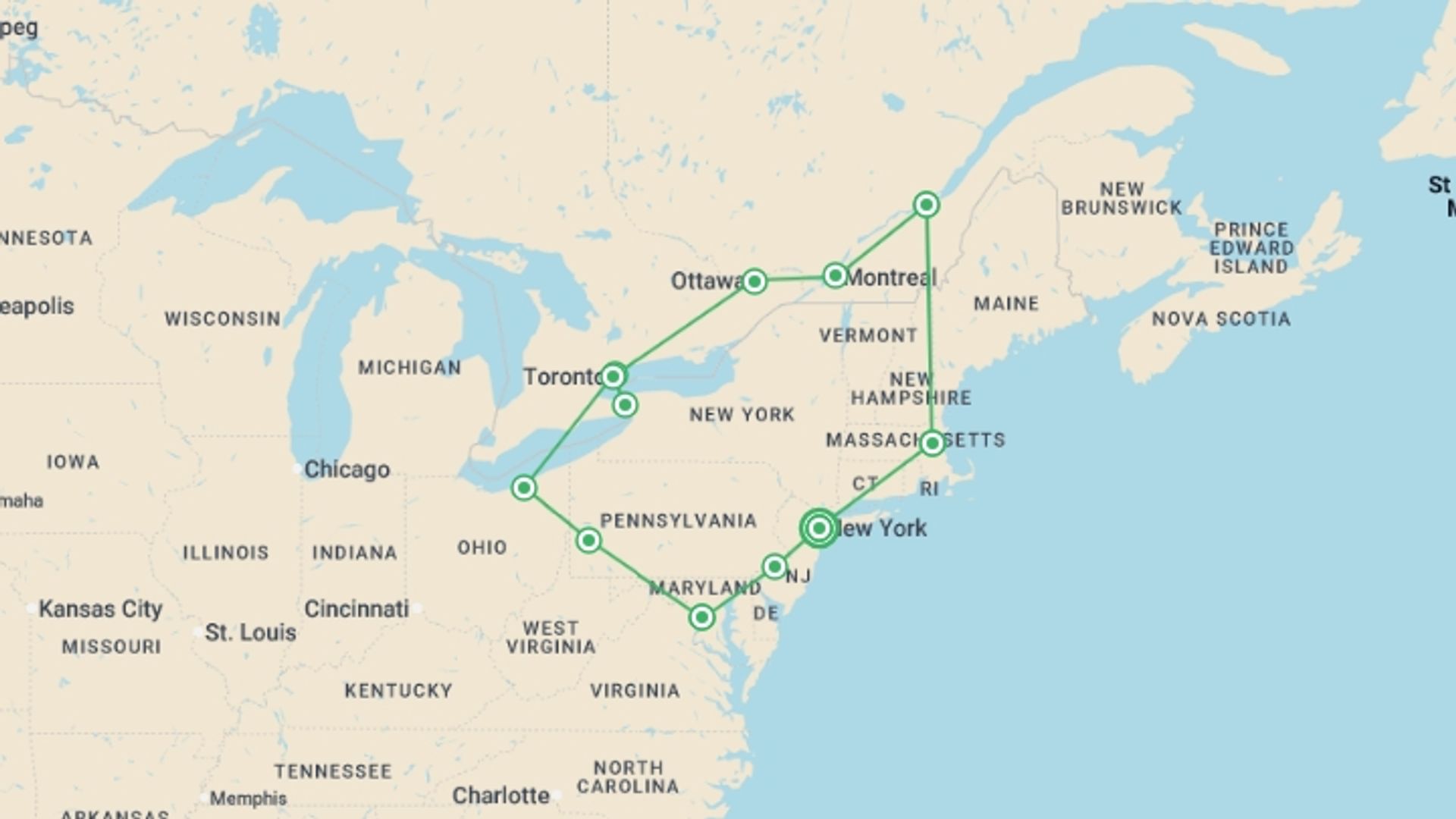 A map showing the tour itinerary for the trip: Eastern USA & Canada Escape (incl. New York), starting in New York, USA and ending in New York, USA going through 9 other destinations.