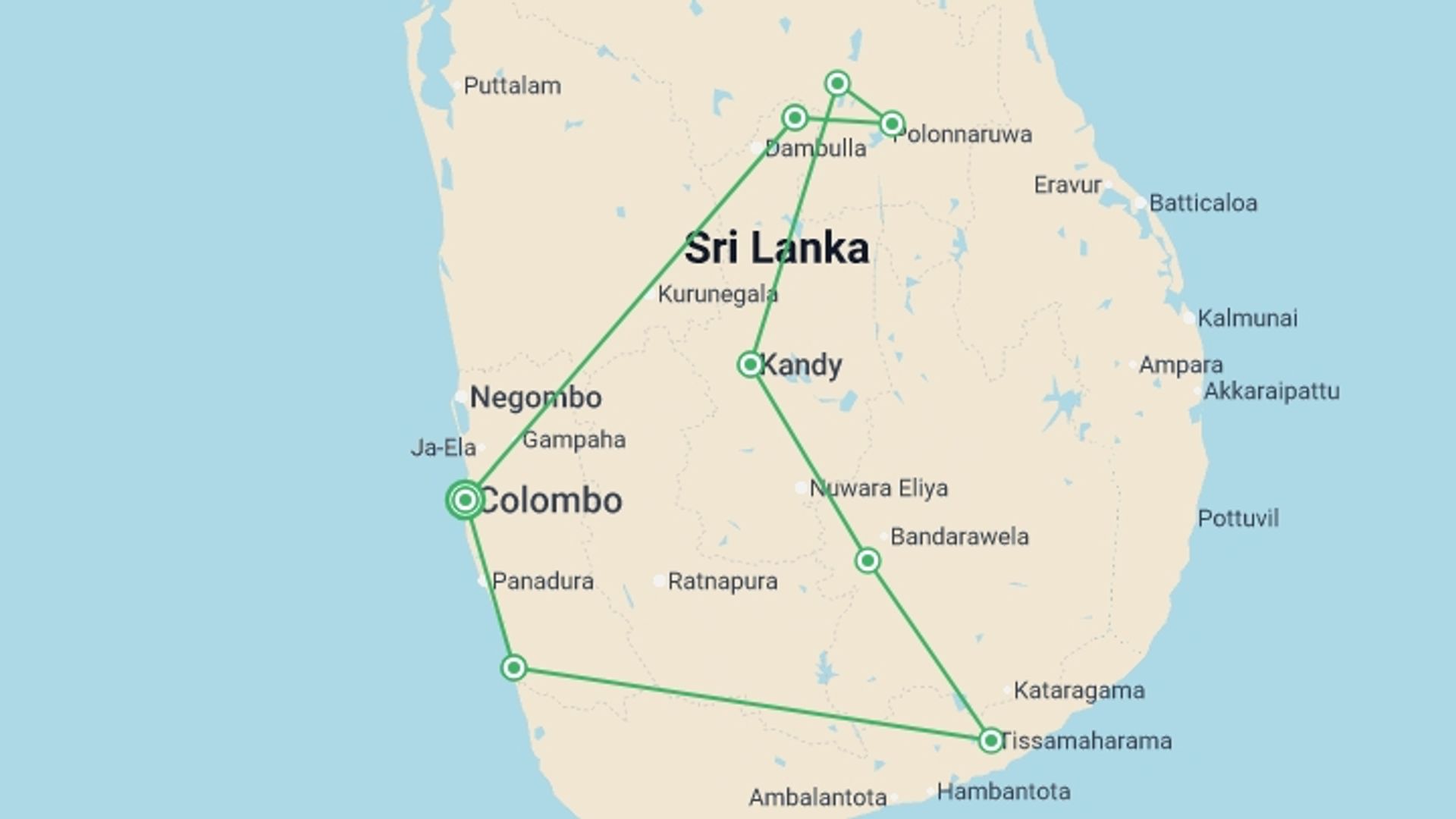 A map showing the tour itinerary for the trip: Wild Sri Lanka & Beach for Families - 13 days, starting in Colombo, Sri Lanka and ending in Colombo, Sri Lanka going through 6 other destinations.