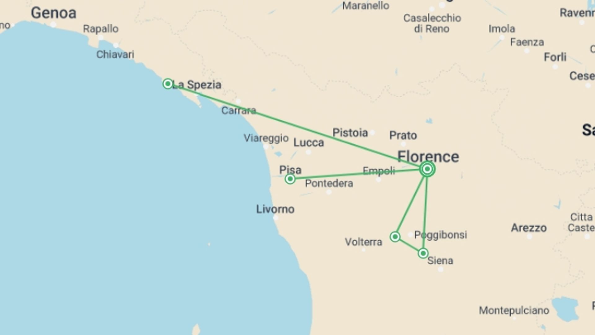 A map showing the tour itinerary for the trip: Tuscany & Cinque Terre Tour Package - 5 Days, starting in undefined, Italy and ending in undefined, Italy going through 1 other destinations.