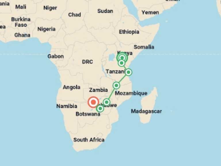 Map of a Overland Journeys Tour with 9 destination visits for the trip: Nairobi To Victoria Falls (34 Days)