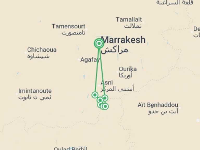Map of 10-Day Marrakech Tour with 7 destination visits for the trip: High Atlas Trek