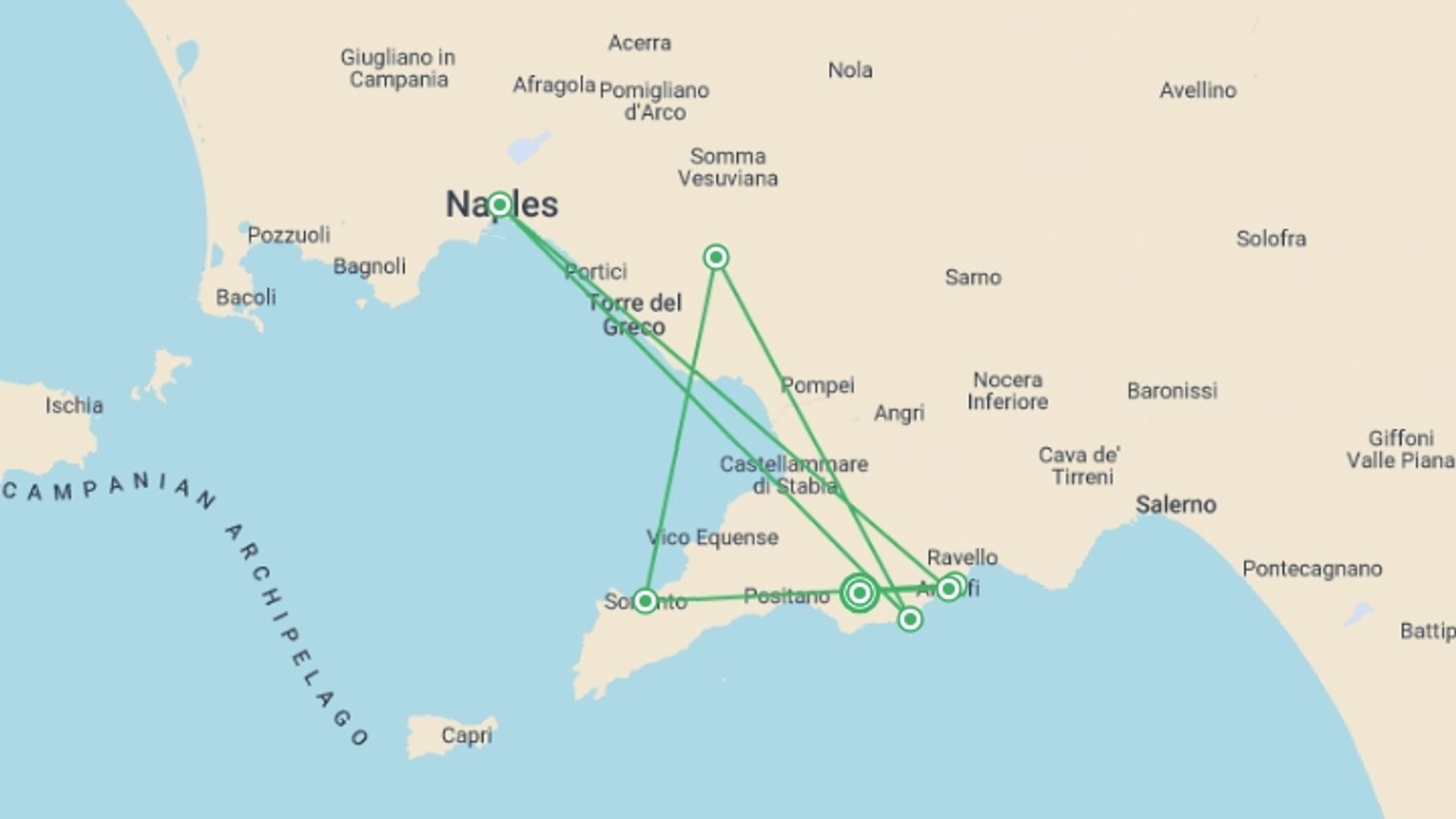A map showing the tour itinerary for the trip: Walking The Amalfi Coast - Summer Edition, starting in Bomerano, Italy and ending in Bomerano, Italy going through 7 other destinations.