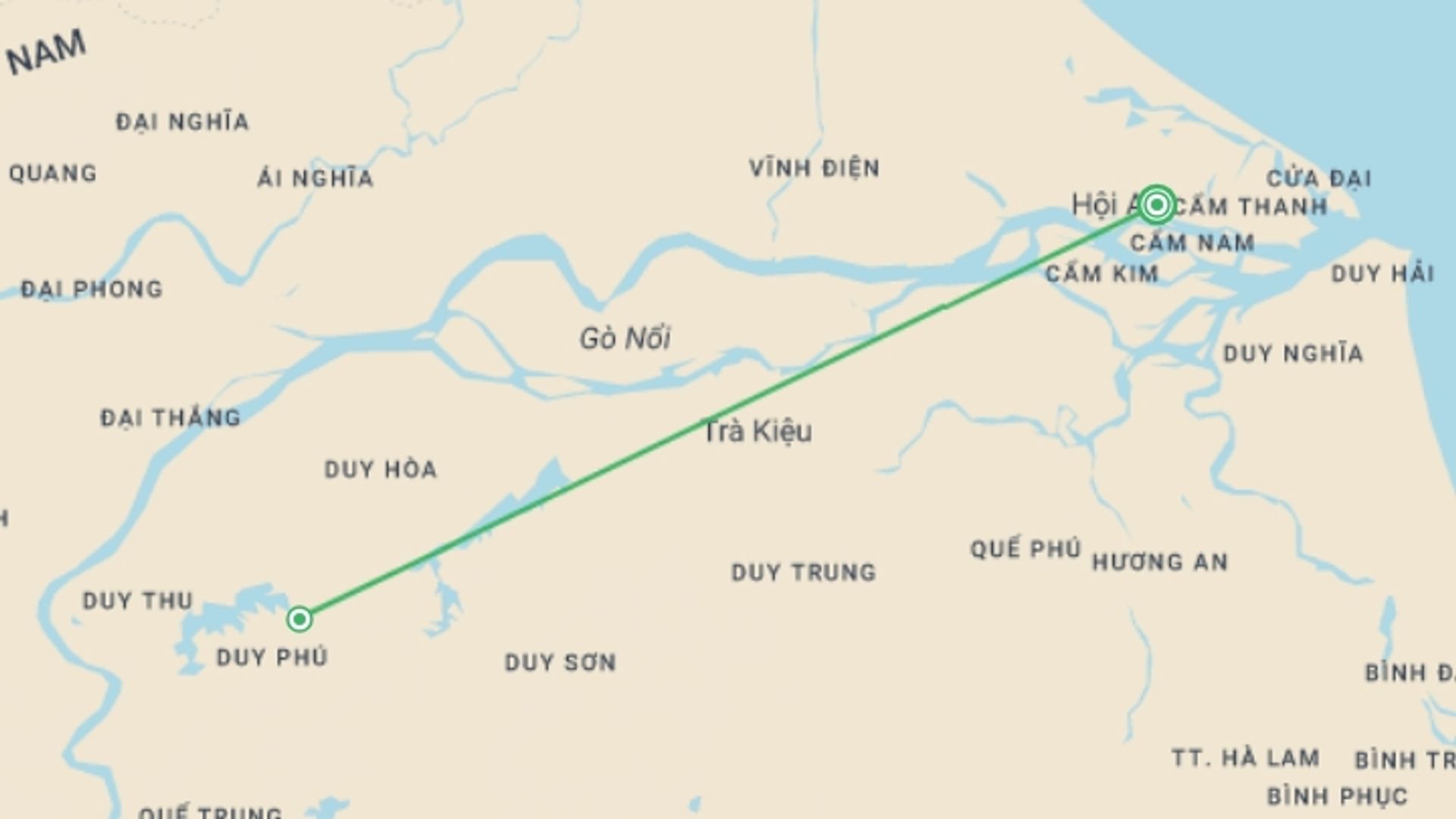 A map showing the tour itinerary for the trip: Essence Of Hoi An 2 Days 1 Night, starting in Hoi An, Vietnam and ending in Hoi An, Vietnam going through 1 other destinations.