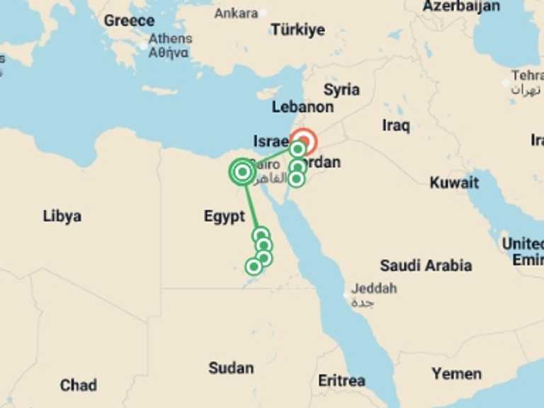 Map itinerary of Asia Tour in August 2026 with 9 destination visits for the trip: Premium Egypt & Jordan