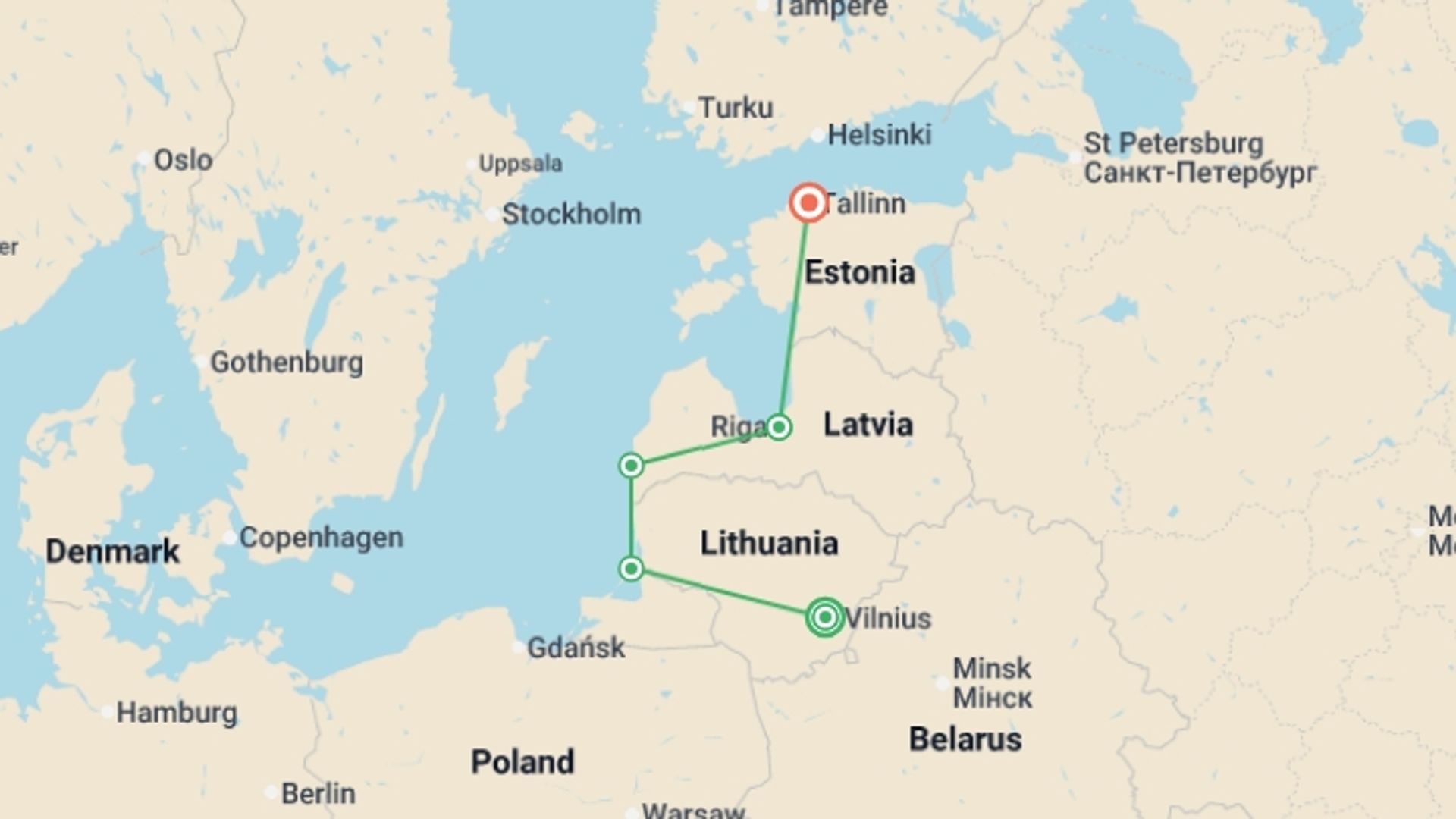 A map showing the tour itinerary for the trip: Baltic Capitals Explorer - 10 days, starting in Vilnius, Lithuania and ending in Tallinn, Estonia going through 5 other destinations.
