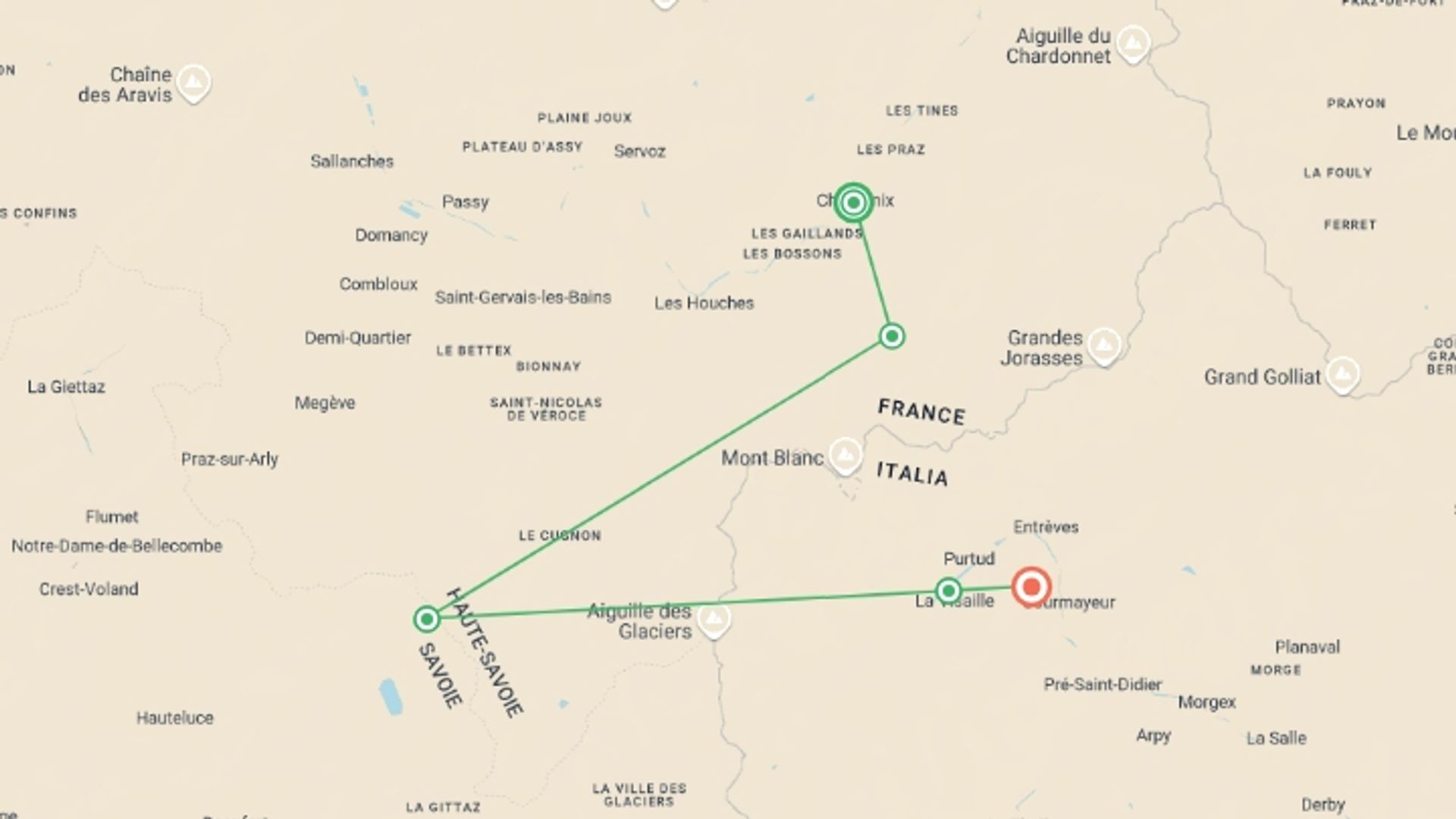 A map showing the tour itinerary for the trip: Walking Tour du Mont Blanc - Premium, starting in Chamonix, France and ending in Courmayeur, Italy going through 3 other destinations.