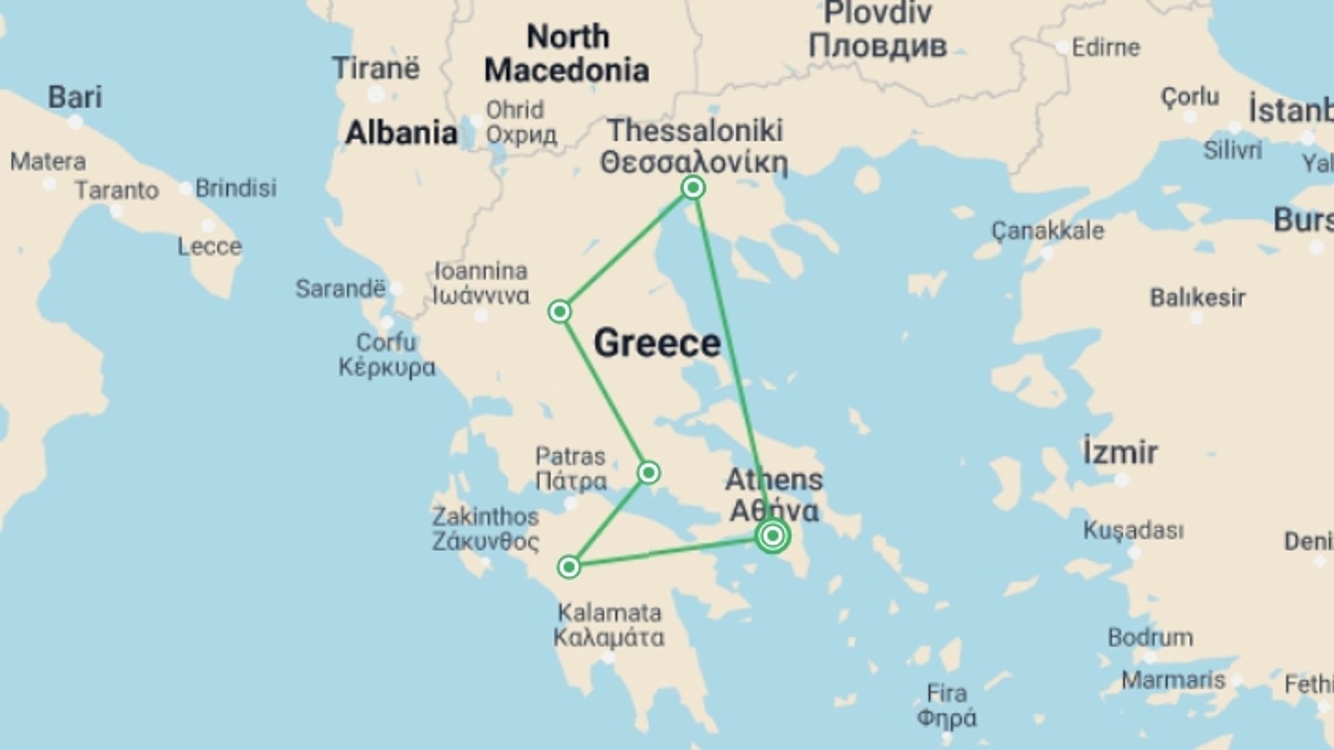 A map showing the tour itinerary for the trip: 7 Days Grand Tour Of Greece With Peloponnese, Delphi, Meteora, Vergina And Pella, starting in Athens, Greece and ending in Athens, Greece going through 4 other destinations.